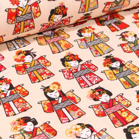 Tissu Coton imprimé Arty Geisha sur fond Beige