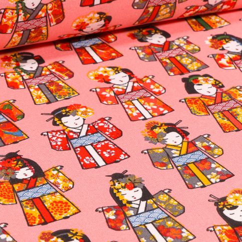 Tissu Coton imprimé Arty Geisha sur fond Corail