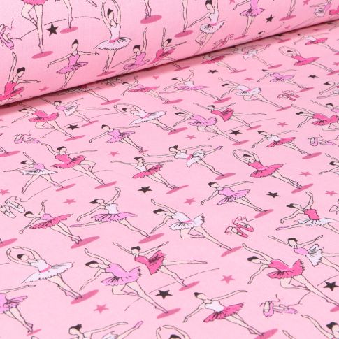 Tissu Coton imprimé Arty Danseuse étoiles sur fond Rose bonbon