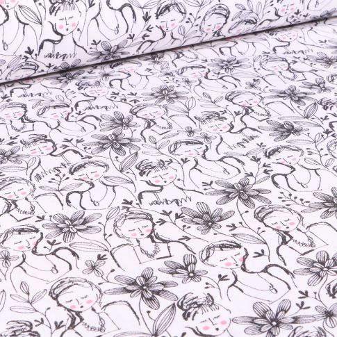 Tissu Coton imprimé Arty Floral Girl sur fond Blanc