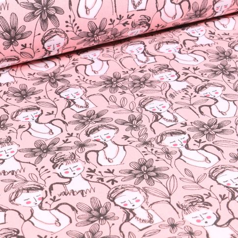 Tissu Coton imprimé Arty Floral Girl sur fond Rose