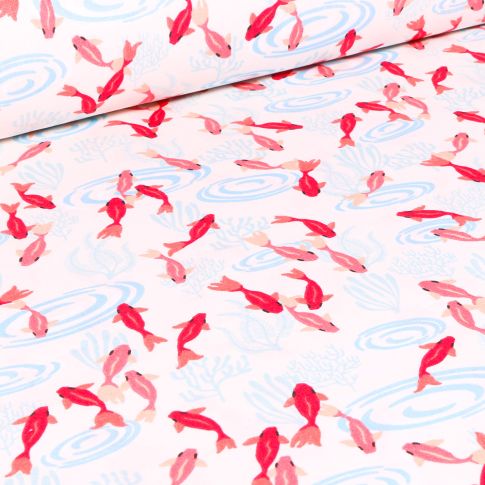 Tissu Coton imprimé Arty Carpe Koi sur fond Blanc cassé