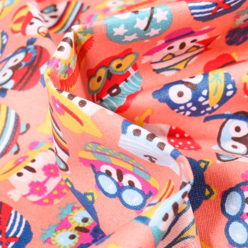 Tissu Coton enduit Hiboux summer sur fond Corail
