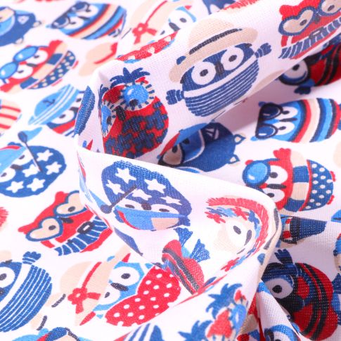 Tissu Coton enduit Hiboux summer Navy sur fond Blanc