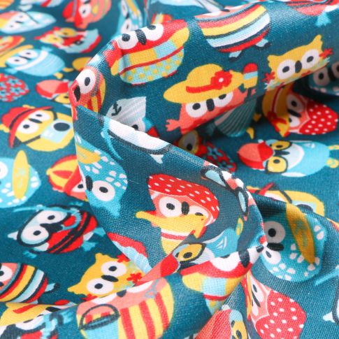 Tissu Coton enduit Hiboux summer sur fond Bleu pétrole