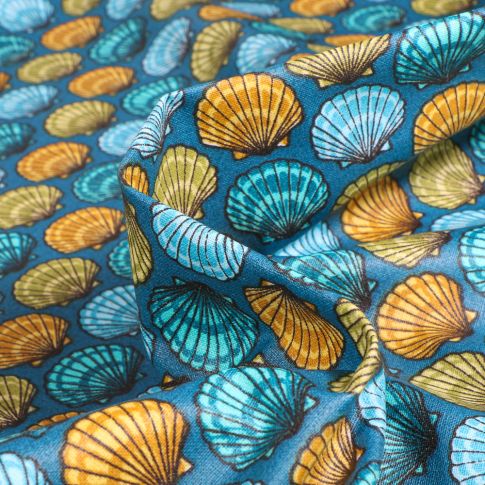Tissu Coton enduit St Jacques jaune sur fond Bleu