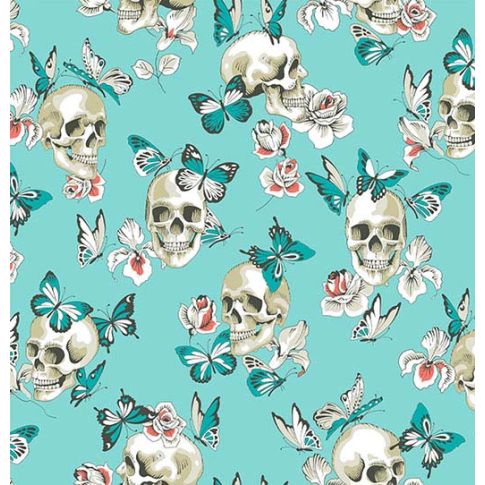 Tissu Coton imprimé Arty Têtes de mort et papillons sur fond Bleu turquoise