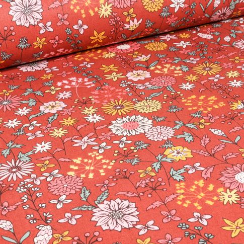 Tissu Coton imprimé Arty Valentine sur fond Terracotta