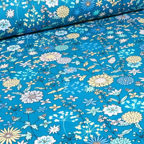 Tissu Coton imprimé Arty Valentine sur fond Bleu turquoise