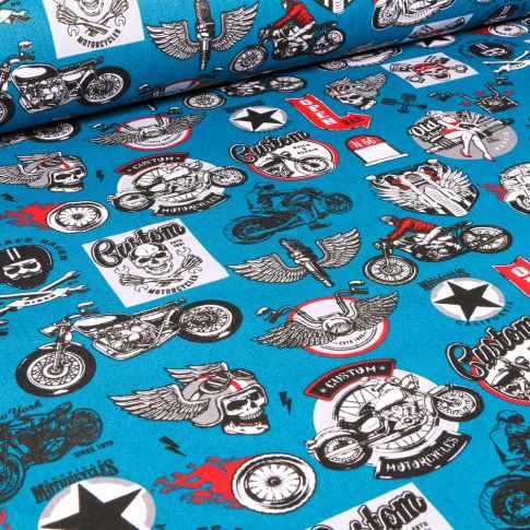 Tissu Coton imprimé Arty Rider sur fond Bleu turquoise