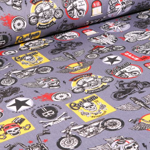 Tissu Coton imprimé Arty Rider sur fond Gris acier