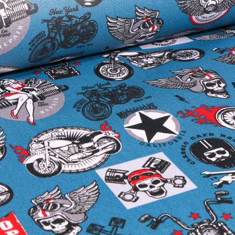 Tissu Coton enduit Rider sur fond Bleu