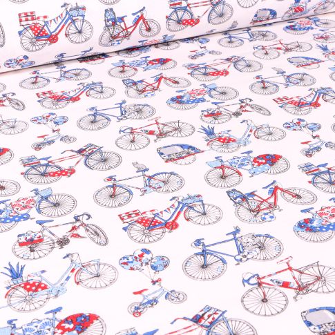 Tissu Coton imprimé Arty Bicyclette rouge et bleu sur fond Blanc