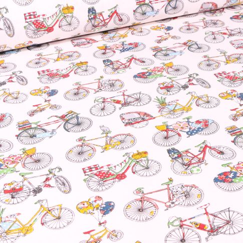 Tissu Coton imprimé Arty Bicyclette jaune et rouge sur fond Blanc