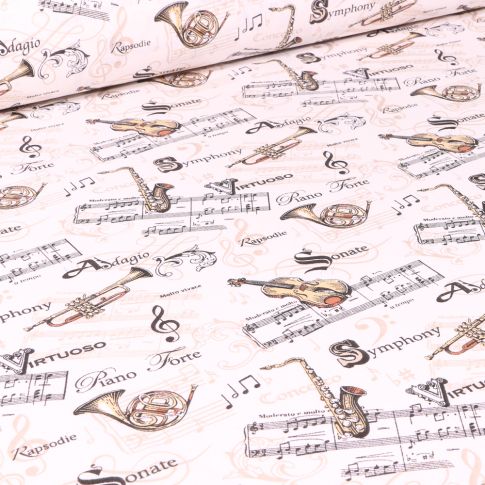 Tissu Coton imprimé Arty Partitions et instruments de musique sur fond Blanc cassé