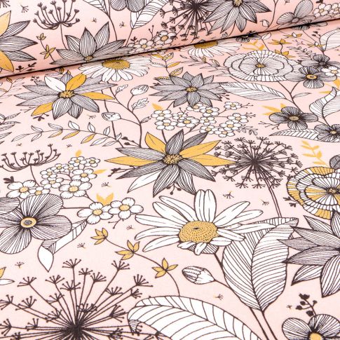 Tissu Toile de Coton Fleurs noires blanches et dorées sur fond Rose pâle
