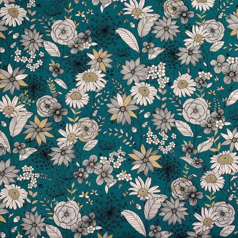 Tissu Toile de Coton Fleurs noires blanches et dorées sur fond Vert émeraude