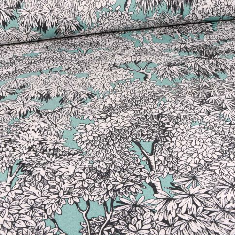 Tissu Toile de Coton Végétations Black & White sur fond Vert menthe