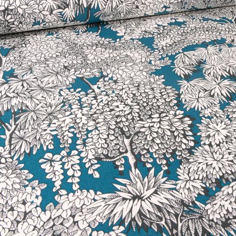 Tissu Toile de Coton Végétations Black & White sur fond Bleu pétrole