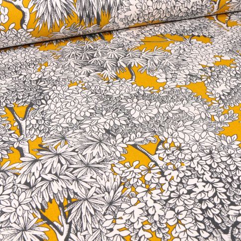 Tissu Toile de Coton Végétations Black & White sur fond Jaune curry