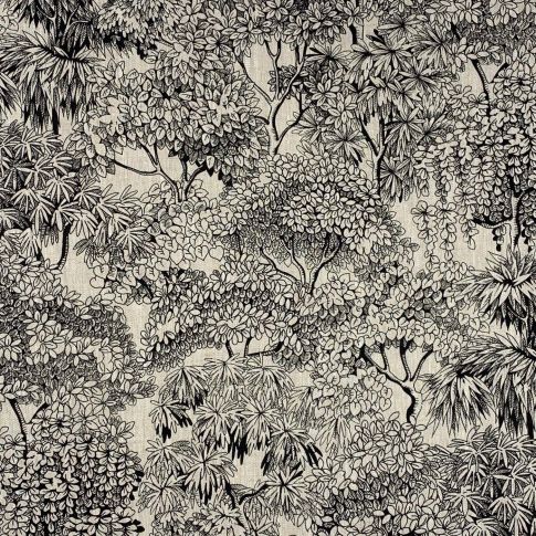 Tissu Lin d'ameublement Végétations Black & White sur fond Naturel