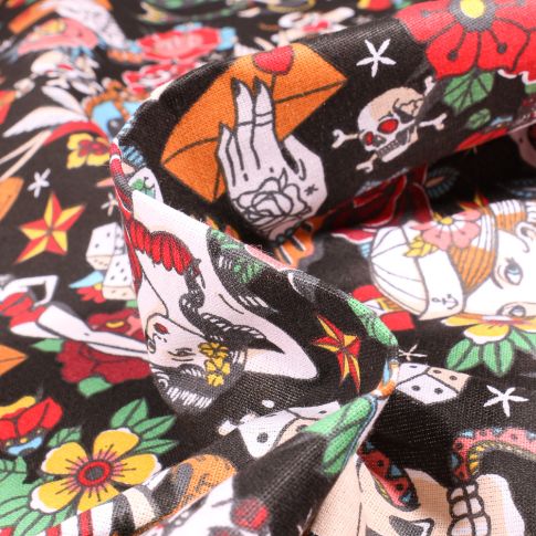 Tissu Coton imprimé Arty Tatoo sur fond Noir