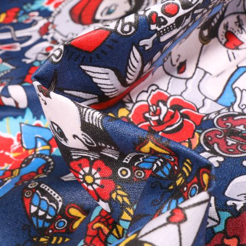 Tissu Coton enduit Tattoo sur fond Bleu marine