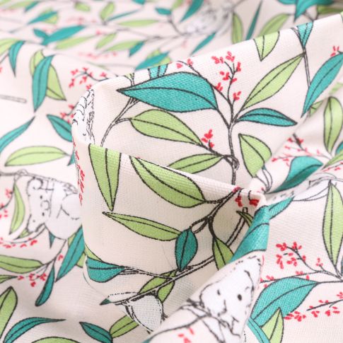 Tissu Coton enduit Bambou Koala sur fond Blanc