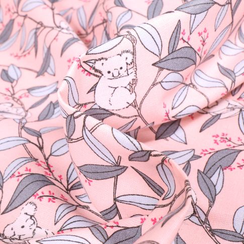 Tissu Coton enduit Bambou Koala sur fond Rose