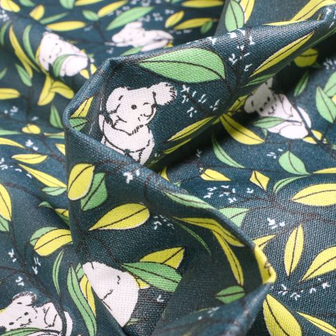 Tissu Coton enduit Bambou Koala sur fond Bleu pétrole