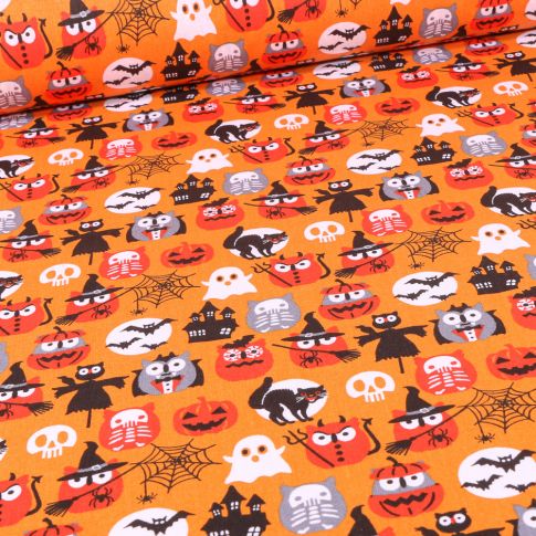 Tissu Coton imprimé Arty Monstres d'halloween sur fond Orange