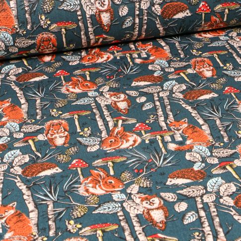 Tissu Coton imprimé Arty Jolie bois sur fond Bleu pétrole