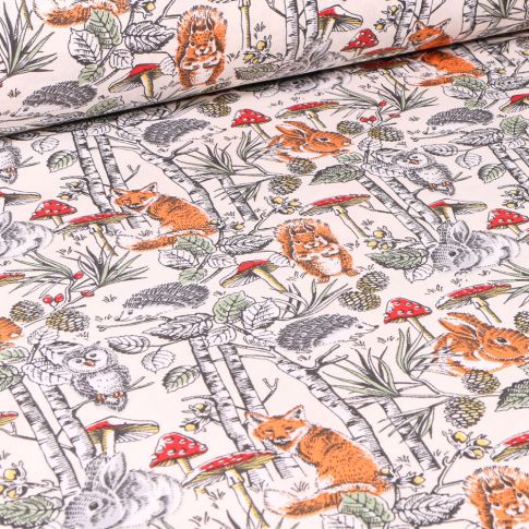 Tissu Coton enduit Jolie bois sur fond Blanc