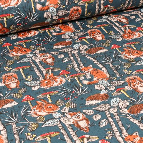 Tissu Coton enduit Jolie bois sur fond Bleu pétrole