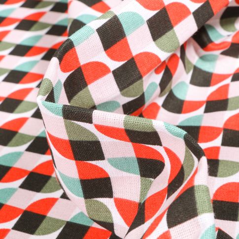 Tissu Coton imprimé Arty Seventies rouge et vert sur fond Blanc