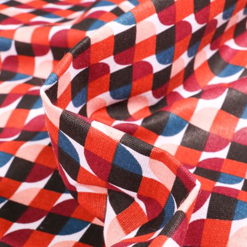 Tissu Coton imprimé Arty Seventies terracotta sur fond Blanc