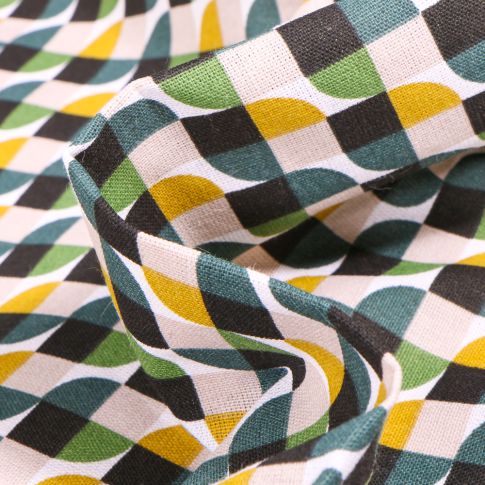 Tissu Coton imprimé Arty Seventies vert sur fond Blanc