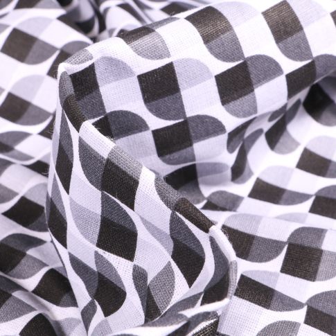 Tissu Coton imprimé Arty Seventies noir et blanc sur fond Blanc
