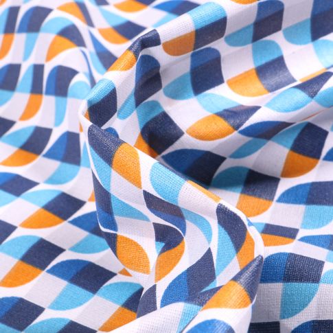 Tissu Coton enduit Seventies bleu sur fond Blanc