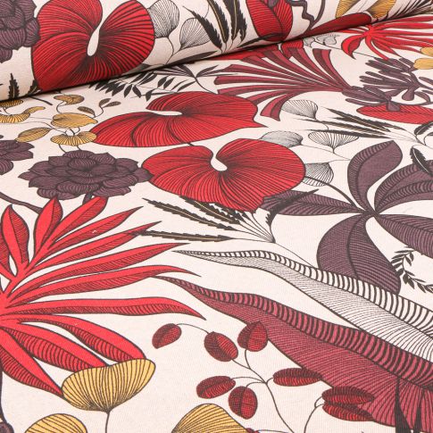 Tissu Toile de Coton Délisia rouge sur fond Ecru