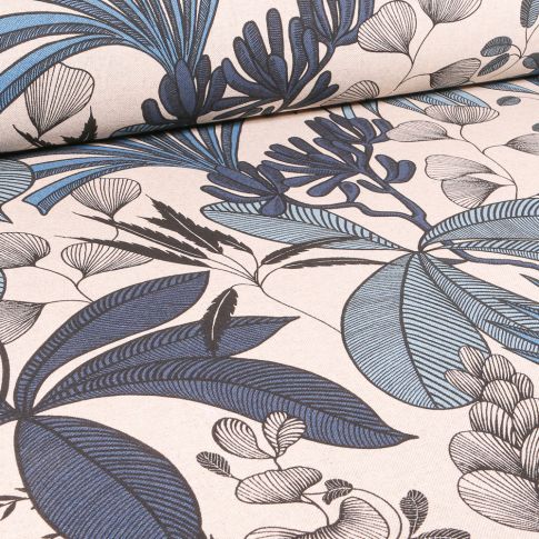 Tissu Toile de Coton Délisia bleu sur fond Ecru