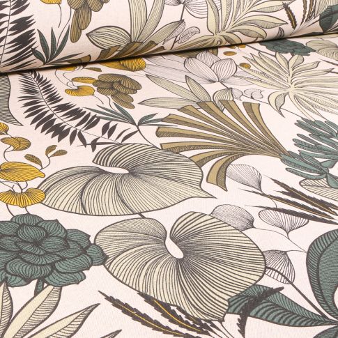 Tissu Toile de Coton Délisia vert sur fond Ecru