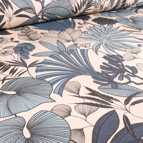 Tissu Toile de Coton enduit Maiana bleu sur fond Ecru