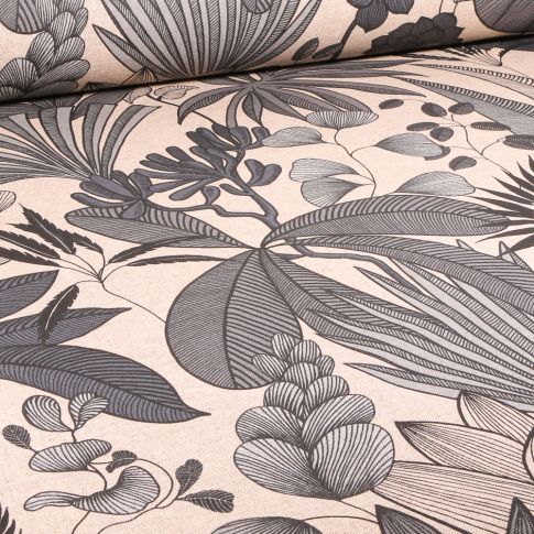 Tissu Toile de Coton enduit Maiana gris sur fond Ecru
