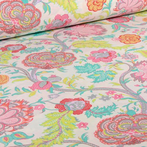 Tissu Coton imprimé Grande largeur Fleurs perse sur fond Blanc cassé