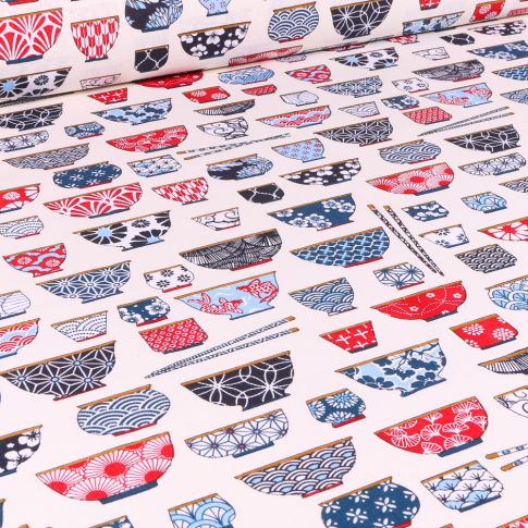 Tissu Coton imprimé Arty Bol ramen rouge sur fond Blanc