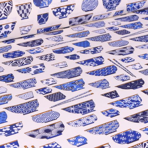 Tissu Coton imprimé Arty Bol ramen bleu sur fond Blanc