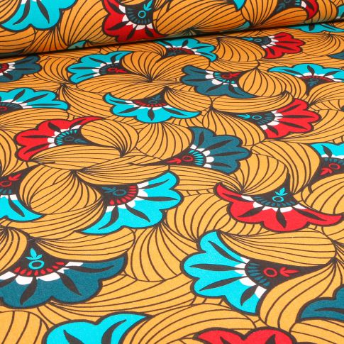 Tissu Toile de Coton Waxy sur fond Bleu turquoise