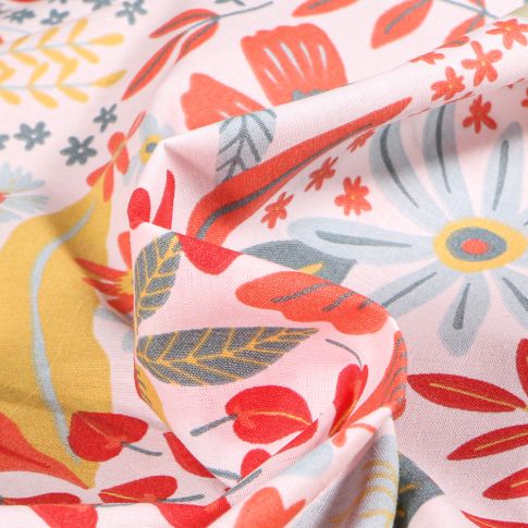Tissu Coton imprimé Grande largeur Arty Saffy corail sur fond Blanc