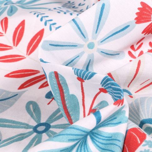 Tissu Coton imprimé Grande largeur Arty Saffy bleu sur fond Blanc